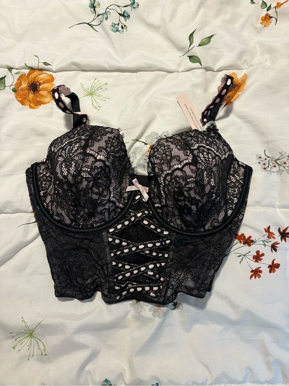 Victoria's Secret Black Lace Longline Bustier Bra with Bow